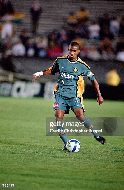 Robin Fraser of the Los Angeles Galaxy kicks the ball during a game against the Tampa Bay Mutiny at the Rose Bowl in Pasadena, California. The Galaxy...
