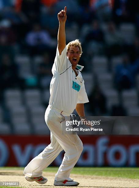 Shane Warne of Hampshire appeals for a wicket during day one of the Liverpool Victoria Insurance County Championship match between Hampshire and...