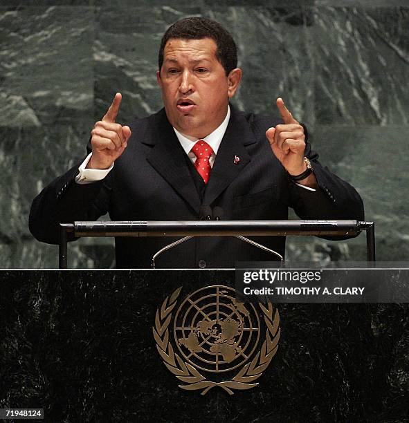 Venezuelan President Hugo Chavez addresses the 61st session of the United Nations General Assembly in New York 20 September 2006. In his speech,...