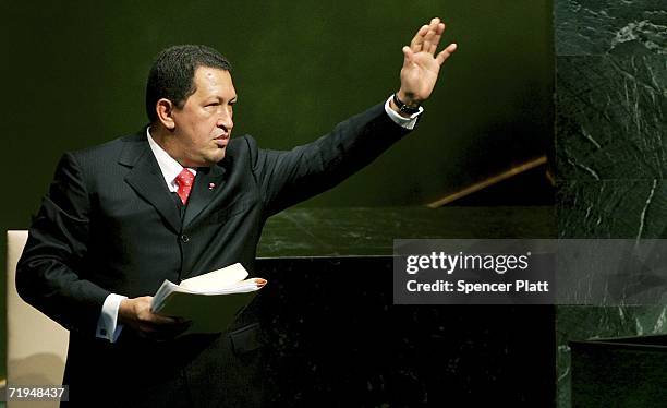 Venezuelan President Hugo Chavez waves after addressing the United Nations General Assembly September 20, 2006 at the UN in New York City. The annual...