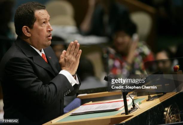 Venezuelan President Hugo Chavez gestures as he speaks during the 61st UN General Assembly session September 20, 2006 at United Nations headquarters...