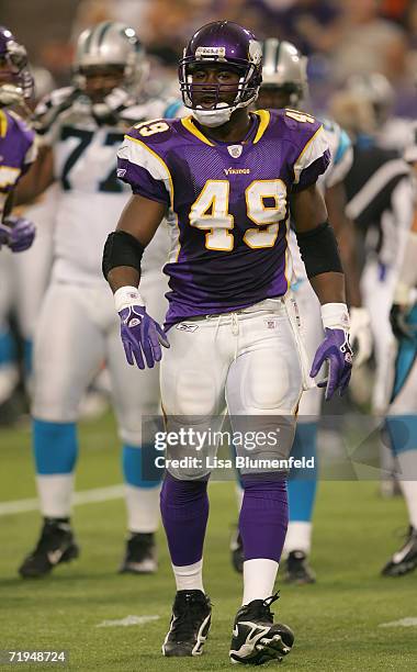 Running back Tony Richardson of the Minnesota Vikings walks across the field against the Carolina Panthers during their NFL game on September 17,...