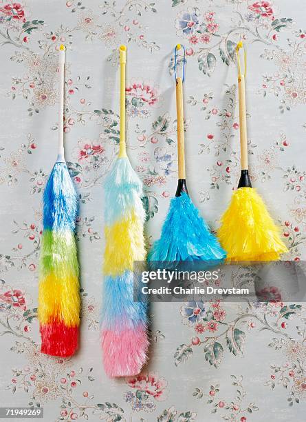 feather dusters on a wall. - feather duster stock pictures, royalty-free photos & images