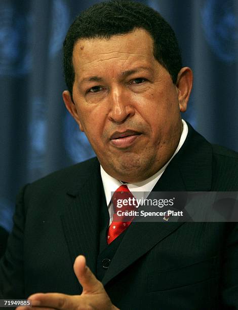 Venezuelan President Hugo Chavez speaks during a news conference while attending the United Nations General Assembly September 20, 2006 at the UN in...