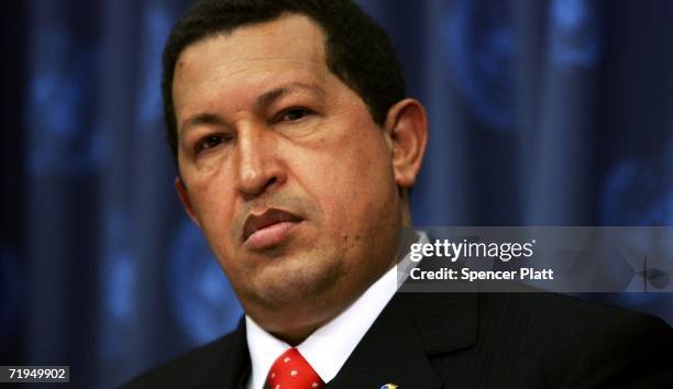 Venezuelan President Hugo Chavez speaks during a news conference while attending the United Nations General Assembly September 20, 2006 at the UN in...