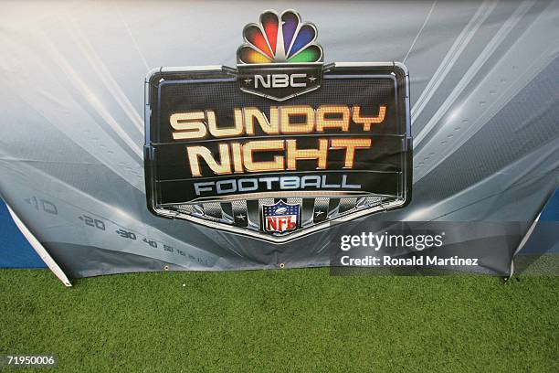 The NBC Sunday Night Football logo is shown during the Washington Redskins game against the Dallas Cowboys at Texas Stadium on September 17, 2006 in...