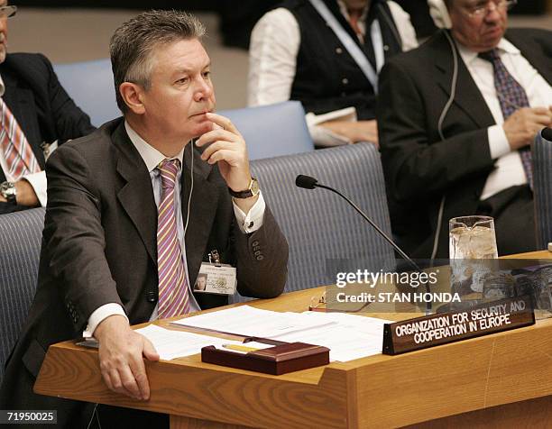 Belgian Foreign Minister Karel de Gucht, Chairman-in-Office of the Organization for Security and Cooperation in Europe , sits in the United Nations...
