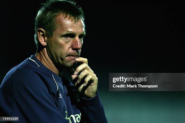 Stuart Pearce the manager of Manchester City looks on during the Carling Cup 2nd round match between Chesterfied and Manchester City at Saltergate on...