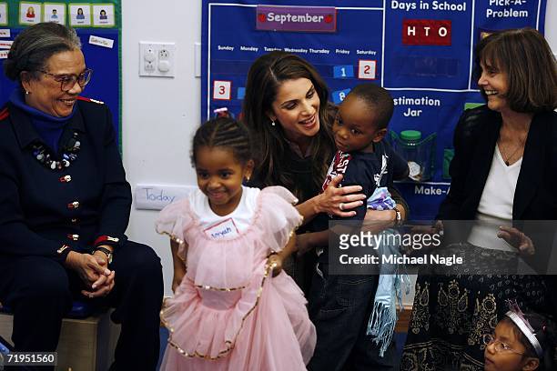 Her Majesty Queen Rania Al-Abdullah of Jordan along with with Children's Defense Fund President Marion Wright Edelman and ABC President Gretchen...