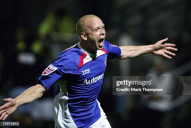 Derek Niven of Chesterfield celebrates his goal during the Carling Cup 2nd round match between Chesterfied and Manchester City at Saltergate on...