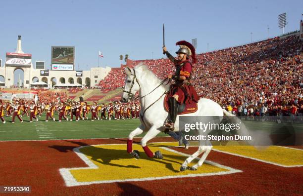 Traveler, mascot of the USC Trojans runs on the field before the game against the Nebraska Cornhuskers on September 16, 2006 at the Los Angeles...