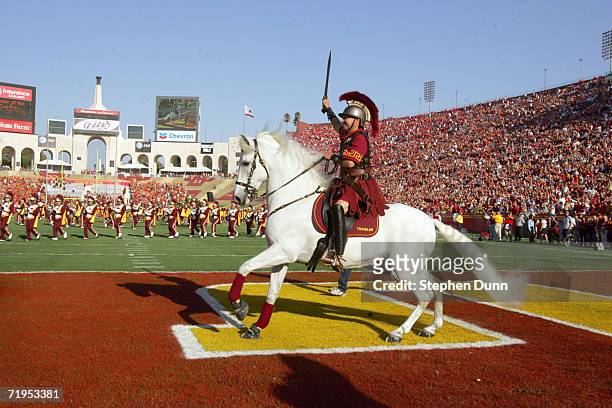 Traveler, mascot of the USC Trojans runs on the field before the game against the Nebraska Cornhuskers on September 16, 2006 at the Los Angeles...