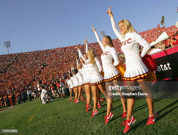 Cheerleaders of the USC Trojans perform on the sidelines during the game against the Nebraska Cornhuskers on September 16, 2006 at the Los Angeles...
