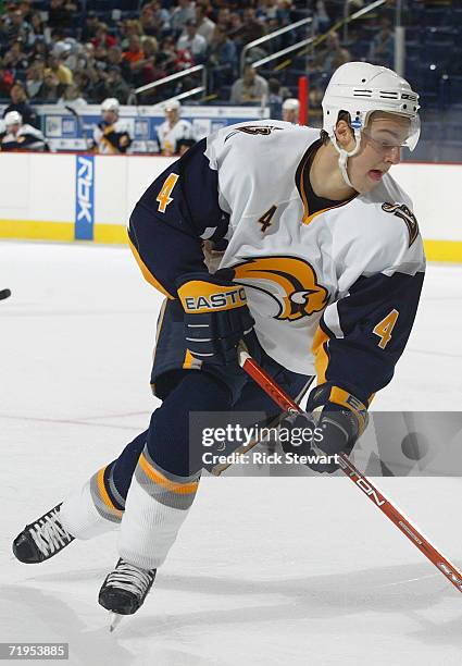 Marc-Andre Gragnani of the Buffalo Sabres skates during a team scrimmage after revealing their new uniform designs on September 16, 2006 at HSBC...