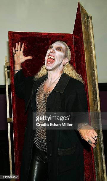 Twisted Sister singer Dee Snider poses with a coffin after holding a news conference at The Joint inside the Hard Rock Hotel & Casino September 20,...