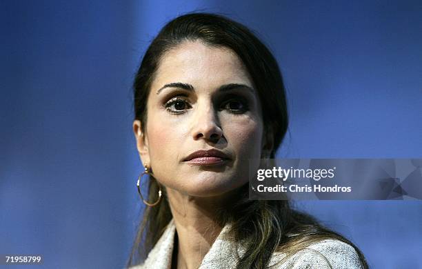 Queen Rania Al-Abdullah of Jordan, sits during a panel discussion at the Clinton Global Initiative annual meeting September 21, 2006 in New York. A...