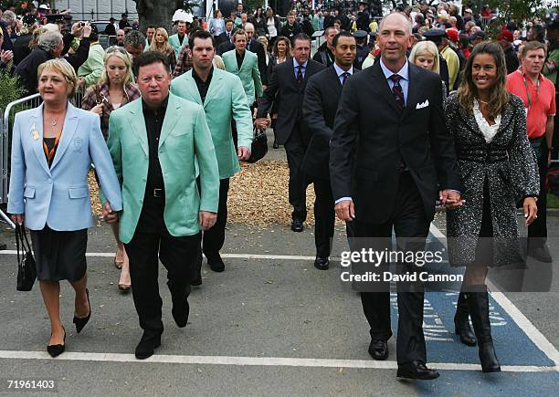 European Team Captain Ian Woosnam and hs wife Glendryth and United States Team Captain Tom Lehman and his wife Melissa lead the teams out of the...