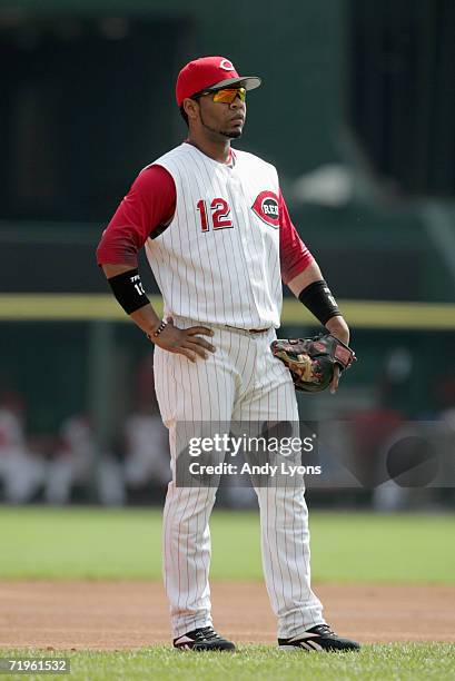 Edwin Encarnacion of the Cincinnati Reds looks on the field against the San Diego Padres at Great American Ball Park September 14, 2006 in...