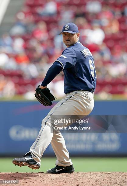 Trevor Hoffman of the San Diego Padres pitches against the Cincinnati Reds at Great American Ball Park September 14, 2006 in Cincinnati, Ohio. The...