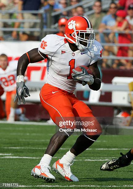 James Davis of the Clemson Tigers runs the ball against the Boston College Eagles during their Atlantic Coast Conference game at Alumni Stadium on...