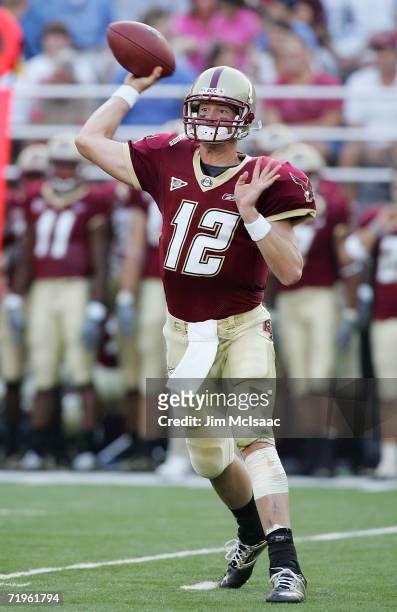 Matt Ryan of the Boston College Eagles throws a pass against the Clemson Tigers during their Atlantic Coast Conference game at Alumni Stadium on...