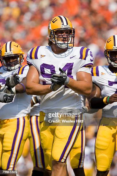 Defensive end Chase Pittman of the LSU Tigers during a game against the Auburn Tigers on September 16, 2006 at Jordan-Hare Stadium in Auburn,...