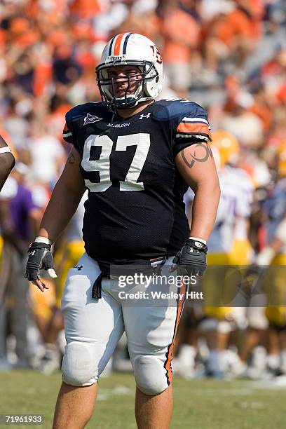 Nose guard Josh Thompson of the Auburn Tigers during a game against the LSU Tigers on September 16, 2006 at Jordan-Hare Stadium in Auburn, Alabama....