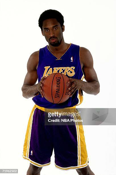 Kobe Bryant of the Los Angeles Lakers poses for a portrait during a photo shoot on September 14, 2000 at the Great Western Forum in Inglewood,...