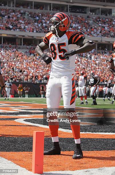 Wide receiver Chad Johnson of the Cincinnati Bengals celebrates after scoring a touchdown against the Cleveland Browns on September 17, 2006 during...