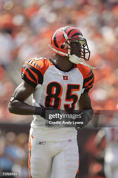 Wide receiver Chad Johnson of the Cincinnati Bengals moves on the field during the NFL game against the Cleveland Browns at Paul Brown Stadium on...