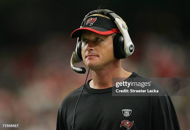 Head coach Jon Gruden of the Tampa Bay Buccaneers looks on against the Atlanta Falcons during their game on September 17, 2006 at the Georgia Dome in...