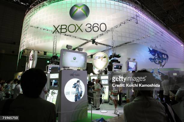 Visitors gather at the Microsoft Corporation booth during the Tokyo Game Show 2006 Septemter on September 22, 2006 in Chiba Prefecture, Japan....