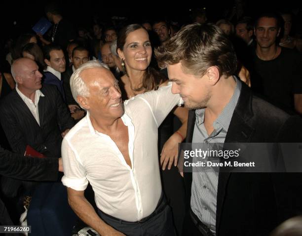 Designer Giorgio Armani and actor Leonardo DiCaprio attend the fashion show and party to celebrate the launch of Emporio Armani RED collection, at...