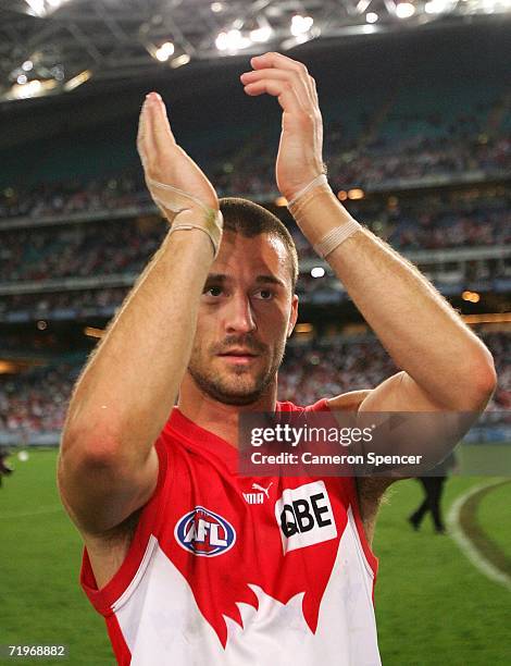 Nick Malceski of the Swans celebrates after the Swans won the AFL First Preliminary Final between the Sydney Swans and the Fremantle Dockers at...