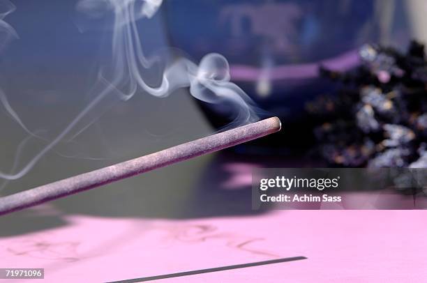 incense stick with lavender flowers, close-up - räucherwerk stock-fotos und bilder