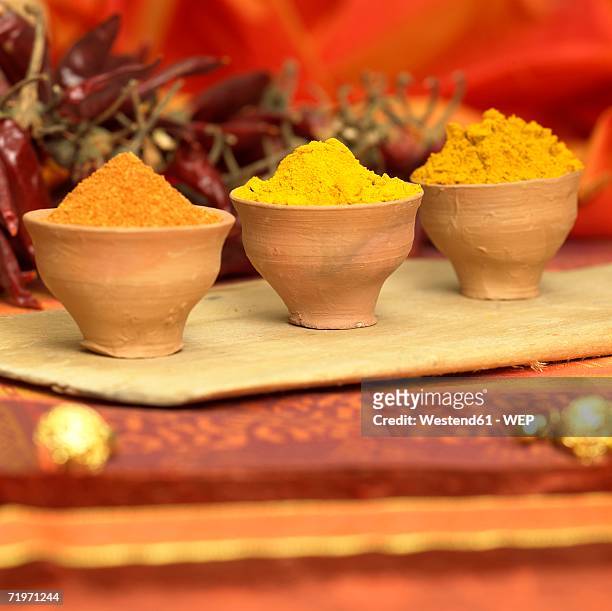 curry, curcuma and chilli powder in bowls, close-up - indian food bowls stock-fotos und bilder