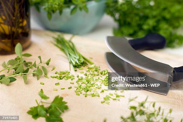 chopped herbs with mezzaluna, close-up - wiegemesser stock-fotos und bilder