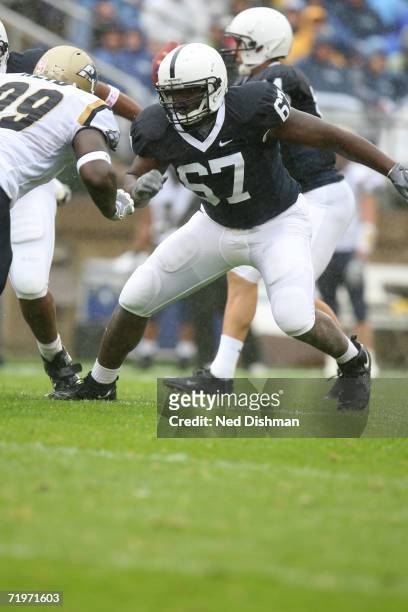 Senior offensive tackle Levi Brown of the Penn State Nittany Lions looks to block against the University of Akron Zips at Beaver Stadium on September...