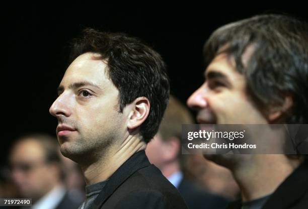 Google co-founders Sergey Brin and Larry Page appear in the audience at the Clinton Global Initiative annual meeting on September 22, 2006 in New...