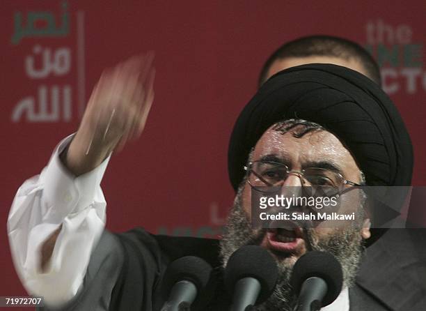 Hezbollah leader Sayyed Hassan Nasrallah speaks at a rally September 22, 2006 in Beirut, Lebanon. According to reports, Nasrallah said that Hezbollah...