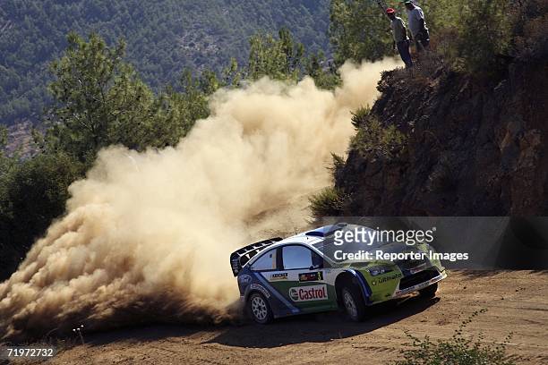 Marcus Gronholm and Timo Rautiainen of Finland in action in their Ford Focus RS during Leg 1 of the WRC Rally of Cyprus 2006 on September 22, 2006 in...