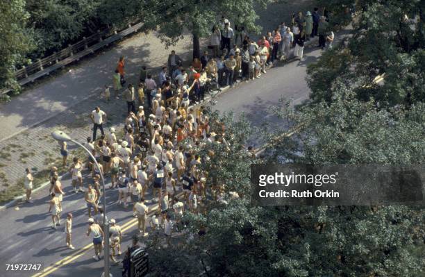 High-angle view of runners lined up for the first New York City Marathon in Central Park, New York, New York, September 1970. The photograph,...