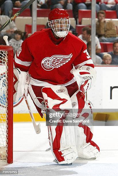 Dominik Hasek of the Detroit Red Wings skates across the crease against the Tampa Bay Lightning during their NHL pre-season game at Joe Louis Arena...