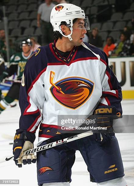 Jason Krog of the Atlanta Thrashers skates during warm-up prior to a preseason game against the Dallas Stars at the American Airlines Center on...