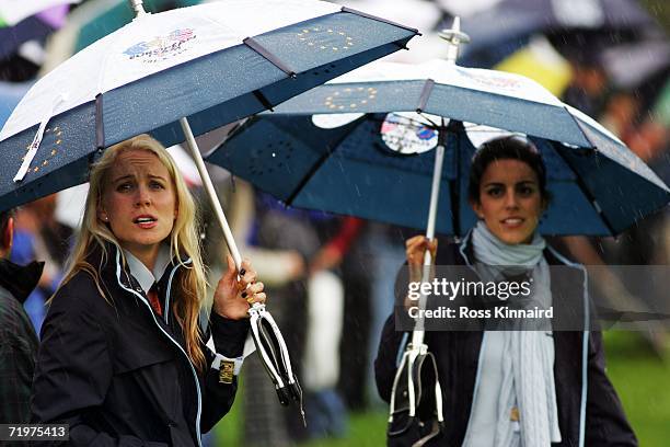 Paul Casey's girlfriend Jocelyn Hefner and Luke Donald's fiancee Diane Antonopoulos watch the action during the morning fourballs on the second day...