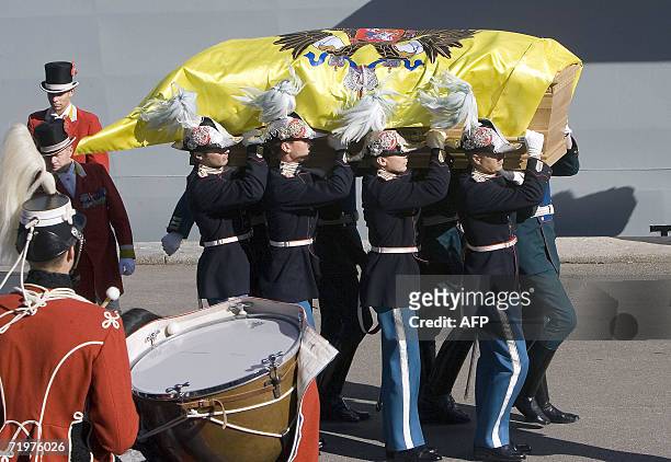 Soldiers of the Royal Danish Guard and of the Russian Republican Guard carry the coffin of Danish Princess Dagmar, who later took the name of Maria...