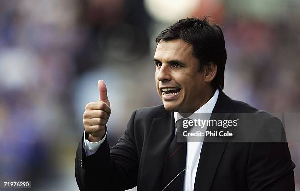 Fulham manager Chris Coleman gives directions to his players during the Barclays Premiership match between Fulham and Chelsea at Craven Cottage on...