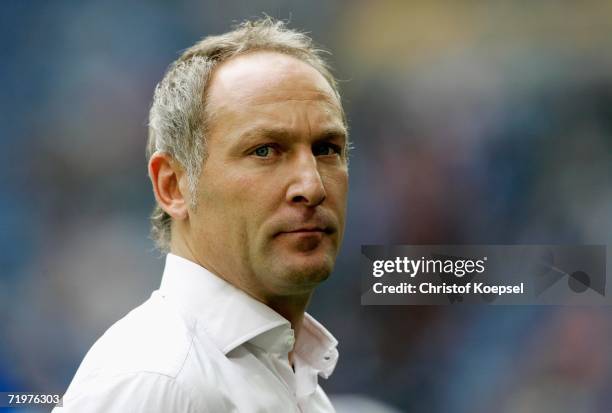 Manager Andreas Mueller of Schalke looks on during the Bundesliga match between Schalke 04 and VfL Wolfsburg at the Veltins Arena on September 23,...