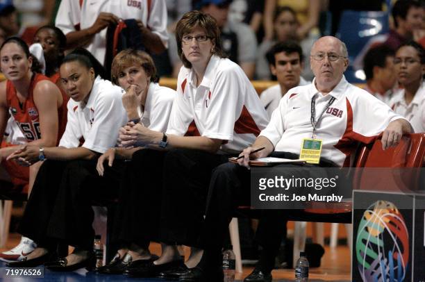 Dawn Staley, assistant coach, Gail Goestenkors, assistant coach, Anne Donovan, head coach, and Mike Thibault assistant coach of USA during the bronze...