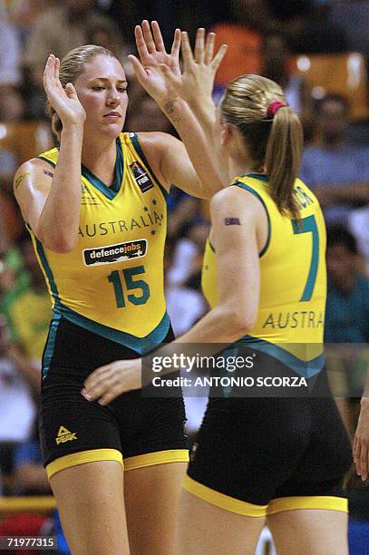 Australians Lauren Jackson and Penelope Taylor celebrate during their FIBA World Championship for Women Brazil 2006 final match against Russia 23...